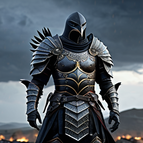 **

A heroic "Night Crow" warrior, clad in detailed armor, standing confidently on a battlefield. Focus on the armor's design and how it reflects the warrior's strength and resilience.

**
