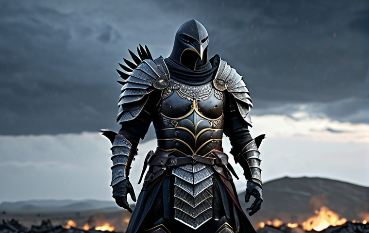 **
A heroic "Night Crow" warrior, clad in detailed armor, standing confidently on a battlefield. Focus on the armor's design and how it reflects the warrior's strength and resilience.
**