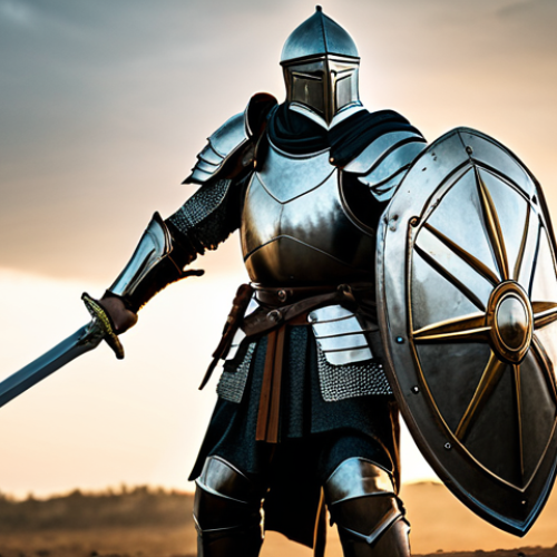 A majestic male knight in full, modest plate armor, expertly wielding a polished one-handed sword in one hand and a sturdy, emblazoned shield in the other. He stands steadfast on a vast, ancient battlefield, with the soft light of dawn illuminating the scene, hinting at a past skirmish with dust motes dancing in the air. The pose is natural, strong, and vigilant. Professional photography, high quality, perfect anatomy, correct proportions, well-formed hands, proper finger count, natural body proportions, safe for work, appropriate content, fully clothed, professional dress.